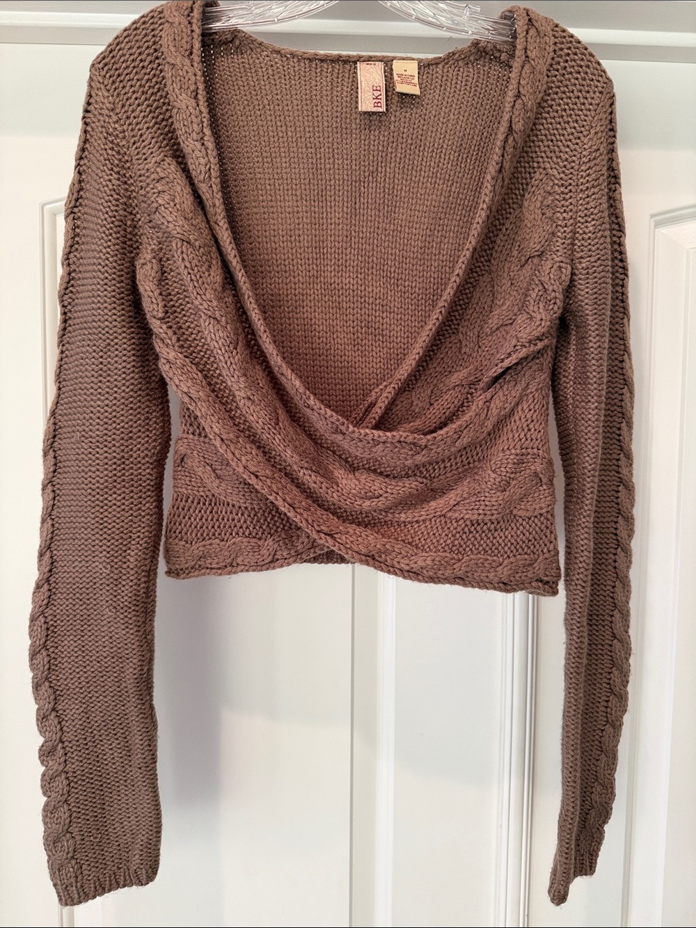 BKE Women's Brown Cable Knit Wrap V-Neck Sweater